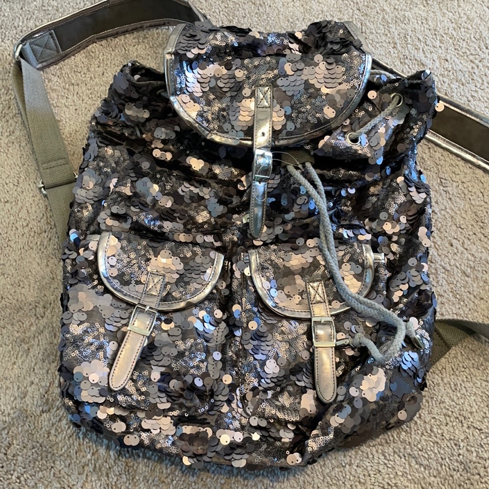 Sequin Drawstring Backpack - Black and Silver